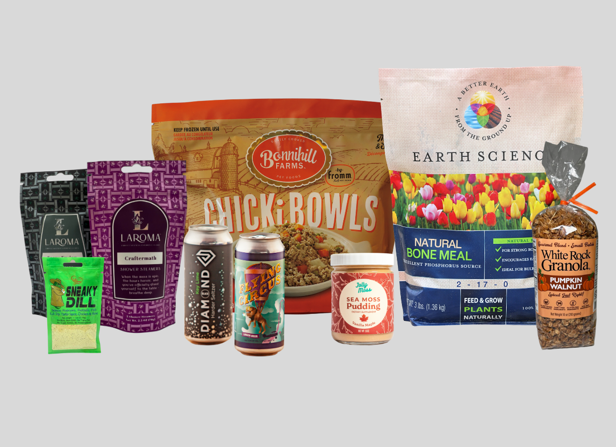 Array of custom pouches and labels